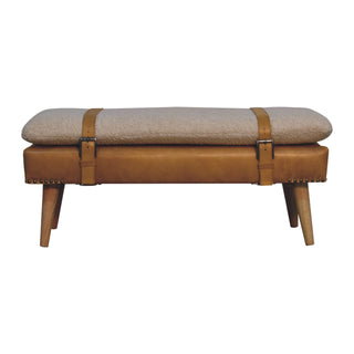Front view of Solen Bedroom Bench Bouclé and Tan Leather Belted Strap Tapered Wood Legs