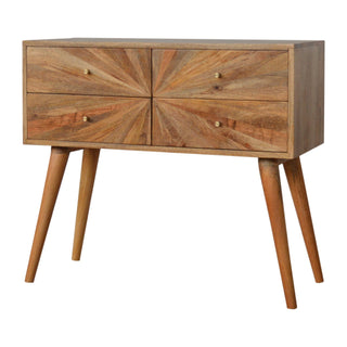 Side angle view of Solène Console Table with Drawers Mango Wood Sunburst Pattern