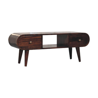 Side angle view of Solène Media Unit Walnut Finish Open Shelf Drawers with walnut finish drawers open shelf