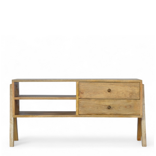 Solid Wood Trestle Media Unit with Open Shelving - front view