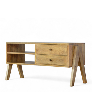 Solid Wood Trestle Media Unit - trestle base detail close-up