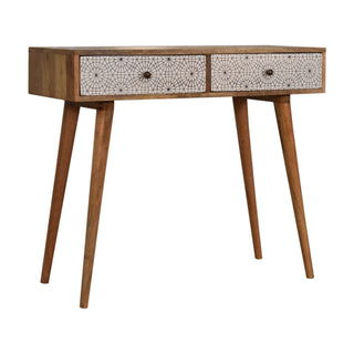 Side angle view of Sora Slim Console Table with Drawers Starburst Mandala Print Nordic Legs Oak Mango Wood