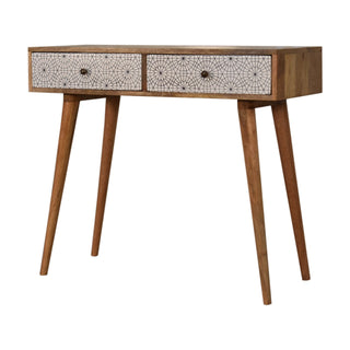 Front view of Sora Slim Console Table with Drawers Starburst Mandala Print Nordic Legs Oak Mango Wood