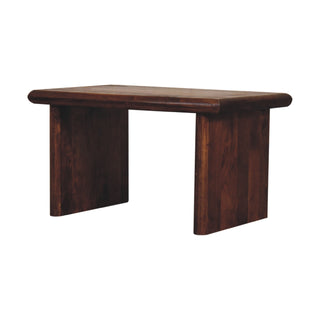 Side angle view of Soren Coffee Table Solid Mango Wood Slab Panel Legs Dark Chestnut