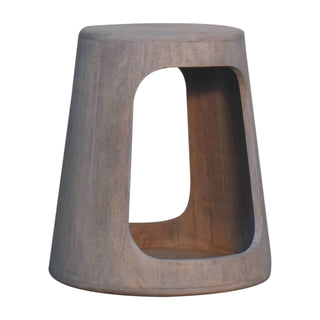 Side angle view of Soren Side Table Hollow Cut-Out Pedestal Acid Wash Mango Wood