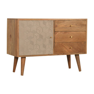 Side angle view of Stellan Small Sideboard with Champagne Carved Cube Door Panel and Tapered Legs