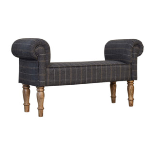 Angled view of Sterling Bedroom Bench Pewter Tweed Scroll Arms Turned Natural Oak Legs