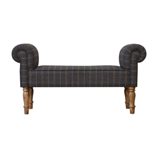 Front view of Sterling Bedroom Bench Pewter Tweed Scroll Arms Turned Natural Oak Legs