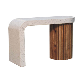 Strata Coffee Table – White Terrazzo Top – rear view showing mango wood fluted column base