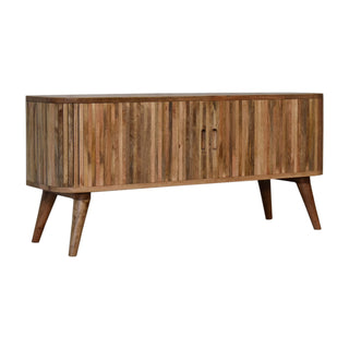 Side angle view of Stratum Media Unit Mixed Wood Vertical Stripe Full-Body Pattern Cut-Out Handles with Nordic Legs