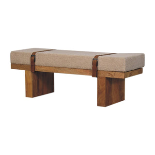 Angled view of Tallo Hallway Bench Cream Bouclé Upholstered Leather Buckled Strap Chunky Block Legs