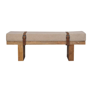 Front view of Tallo Hallway Bench Cream Bouclé Upholstered Leather Buckled Strap Chunky Block Legs