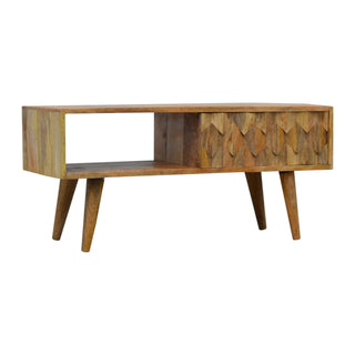 Side angle view of Talo Media Unit Oak Mango Wood Diamond-Relief Carved Sliding Door with Nordic Tapered Legs