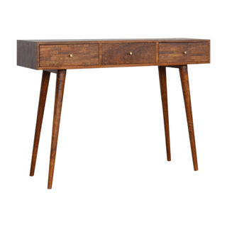 Side angle view of Tawny Console Table with Drawers Mixed Parquet Chestnut Mango Wood