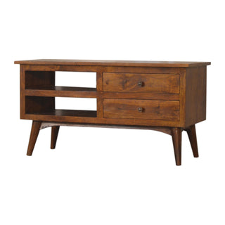 Side angle view of Teak Media Unit Chestnut Lacquered Mango Wood Twin Drawers Brass Handles Wooden Runners with Nordic Legs