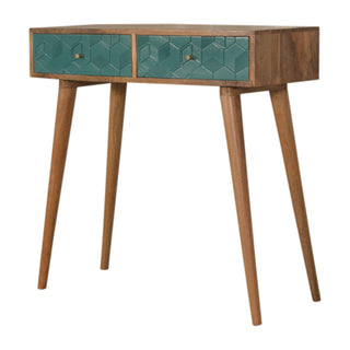 Side angle view of Teal Console Table with Drawers Hand-Carved Cube Teal Oak Mango Wood