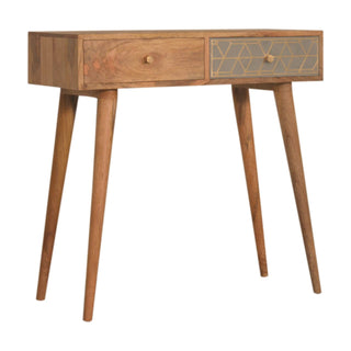 Side angle view of Tenzo Console Table with Drawers Gold Cement Pattern Mixed Oak Mango