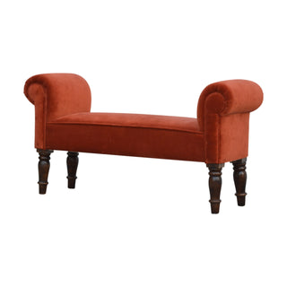 Angled view of Terra Bedroom Bench Brick Red Velvet Scroll Arms Turned Dark Walnut Legs