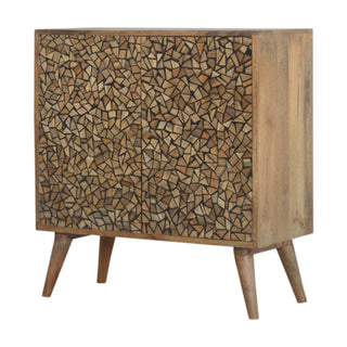 Side angle view of Terra Display Cabinet Organic Mosaic Fragment Resin Inlay Twin-Door Natural Mango