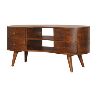 Side angle view of Tide Media Unit Chestnut Mango Wood Wave-Curved Oval Ends Four Drawers with Nordic Tapered Legs