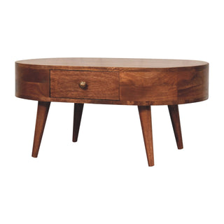 Side angle view of Tilda Oval Coffee Table Solid Mango Wood Brass Knob Drawer Honey Caramel