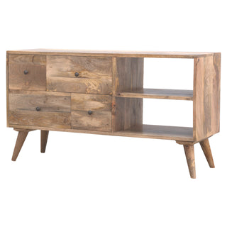 Side angle view of Timber Media Unit Natural Oak Mango Wood Four Drawers Wooden Knobs and Runners with Nordic Legs
