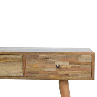 Side angle view of Tove Console Table with Drawers Sustainable Mango Wood Natural Oak