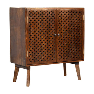 Side angle view of Trellis Display Cabinet Diamond Lattice Carved-Through Fretwork Chestnut Twin-Door