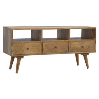 Side angle view of Trine TV Media Unit Raw Natural Oak Mango Wood Three Drawers Triple Open Slots with Nordic Legs