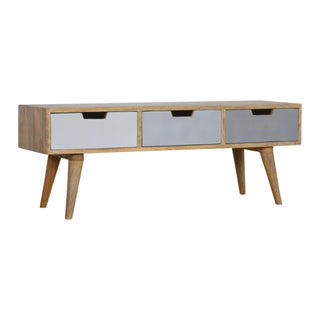 Side angle view of Trio Media Unit Oak Mango Wood Three Drawers Hand Spray-Painted Tri-Tone Grey with Nordic Legs