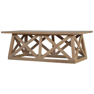 Side angle view of Truss Coffee Table Solid Mango Wood Geometric Lattice Base Sunbleached