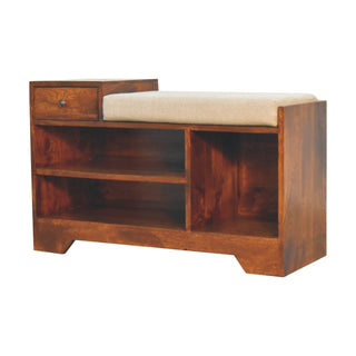 Side angle view of Tucker Shoe Storage Bench Solid Mango Wood Open Cubby Shelves Drawer Mud Linen Seat