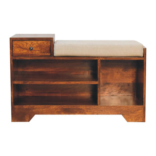 Front view of Tucker Shoe Storage Bench Solid Mango Wood Open Cubby Shelves Drawer Mud Linen Seat