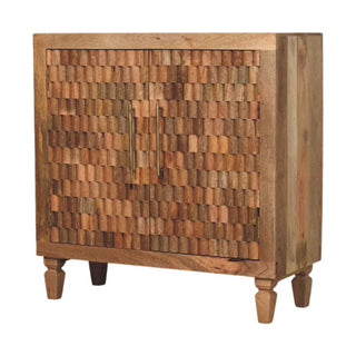 Side angle view of Tulum Sideboard Cabinet 3D Wave-Tile Relief Carved Golden Teak Twin-Door