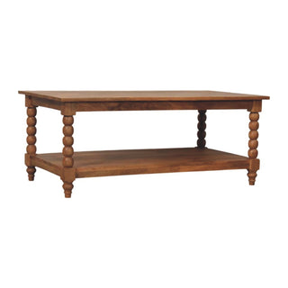 Side angle view of Twist Coffee Table Solid Mango Wood Barley Spiral Legs Lower Shelf Golden Teak