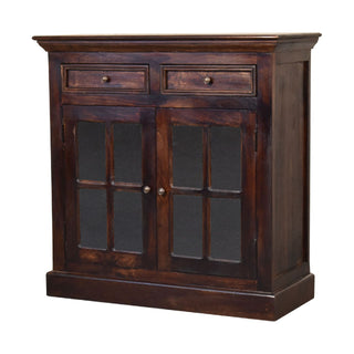 Side angle view of Umber Display Cabinet Dark Walnut Glazed Doors with Drawers Plinth Base