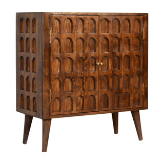 Side angle view of Vaulta Display Cabinet Arched Arcade Relief Carved Deep Chestnut Twin-Door