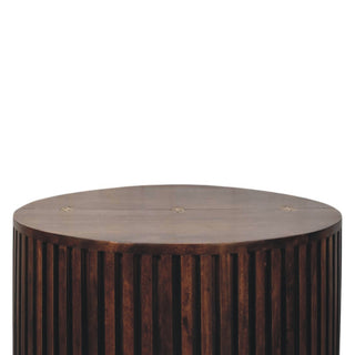 Side angle view of Vega Round Coffee Table Solid Mango Wood Fluted Drum Lift Top Walnut