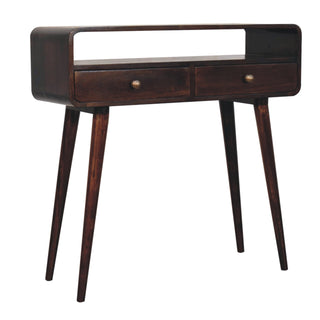 Side angle view of Veldt Console Table with Drawers California Walnut Curved Open Slot