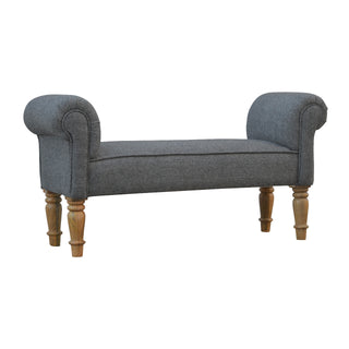 Angled view of Velma End-of-Bed Bench Charcoal Tweed Upholstered Rolled Arms Turned Wood Legs