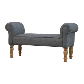 Front view of Velma End-of-Bed Bench Charcoal Tweed Upholstered Rolled Arms Turned Wood Legs
