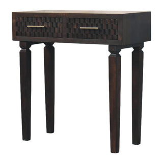Side angle view of Velour Console Table with Drawers Velvet Mocha Carved Mango Turned Legs