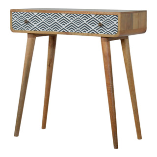 Side angle view of Vera Slim Console Table with Drawers Monochrome Screen Print Nordic Legs Oak Mango Wood
