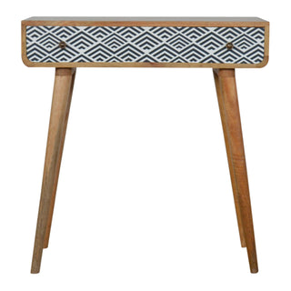 Front view of Vera Slim Console Table with Drawers Monochrome Screen Print Nordic Legs Oak Mango Wood