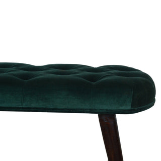 Rear angle view of Verdant Upholstered Bench Emerald Velvet Deep Button Tufted Compact Flat Rectangular Nordic