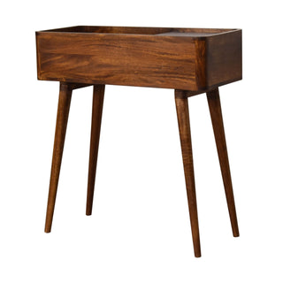 Side angle view of Verso Console Table with Storage Chestnut Open-Top Trough Mango Wood