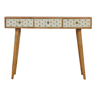 Front view of Vesna Console Table with Drawers White Geometric Print Nordic Legs