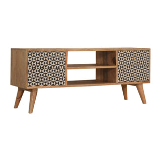 Side angle view of Vesper Media Unit Oak Mango Wood Black and White Tile-Mosaic Screen-Printed Doors with Nordic Legs