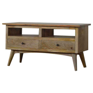 Side angle view of Vesper Media Unit Walnut Finish Sliding Tambour Doors Open Shelf