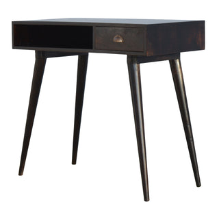 Side angle view of Vesper Writing Desk Mango Wood Shell Handle Drawer with Open Shelf